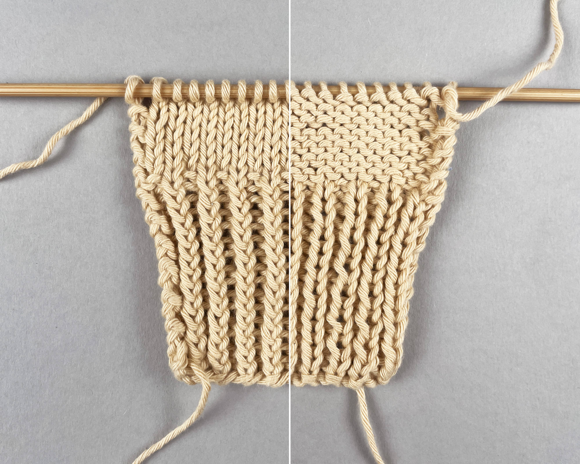Vorder- und Rückseite eines verschränkt gestrickten Bündchen